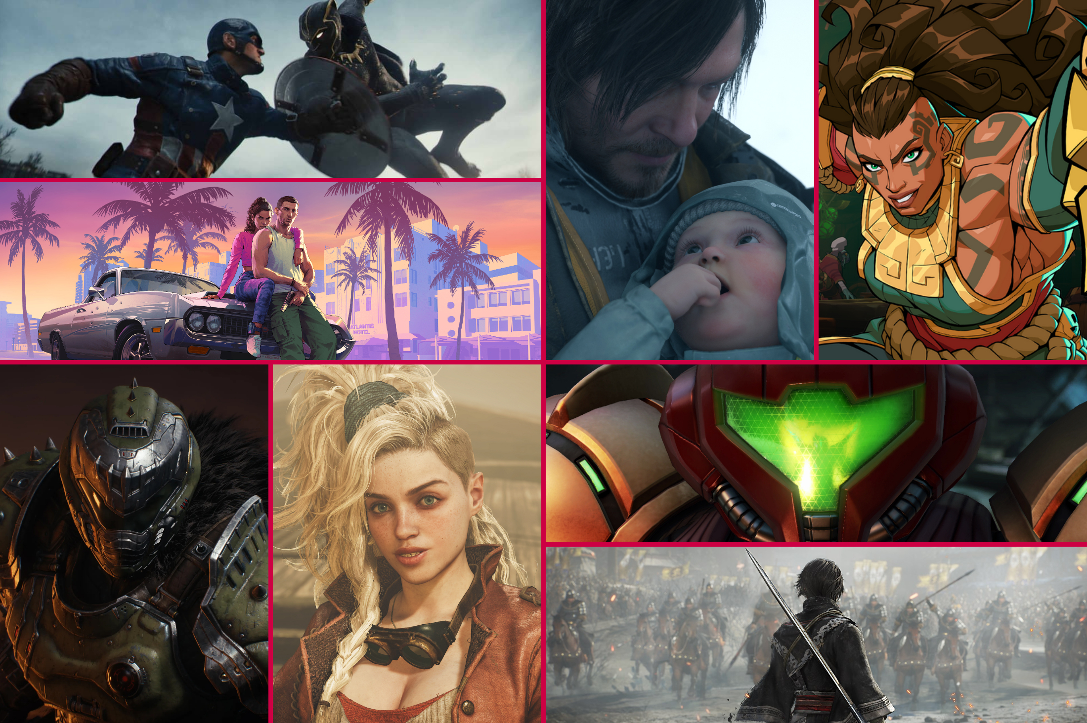 A collage of various video game screenshots and artwork, including images from Death Stranding 2, Doom: The Dark Ages, Metroid Prime 4: Beyond, Monster Hunter Wilds, Marvel 1943: Rise of Hydra, 2XKO, Grand Theft Auto 6, and Dynasty Warriors: Origins