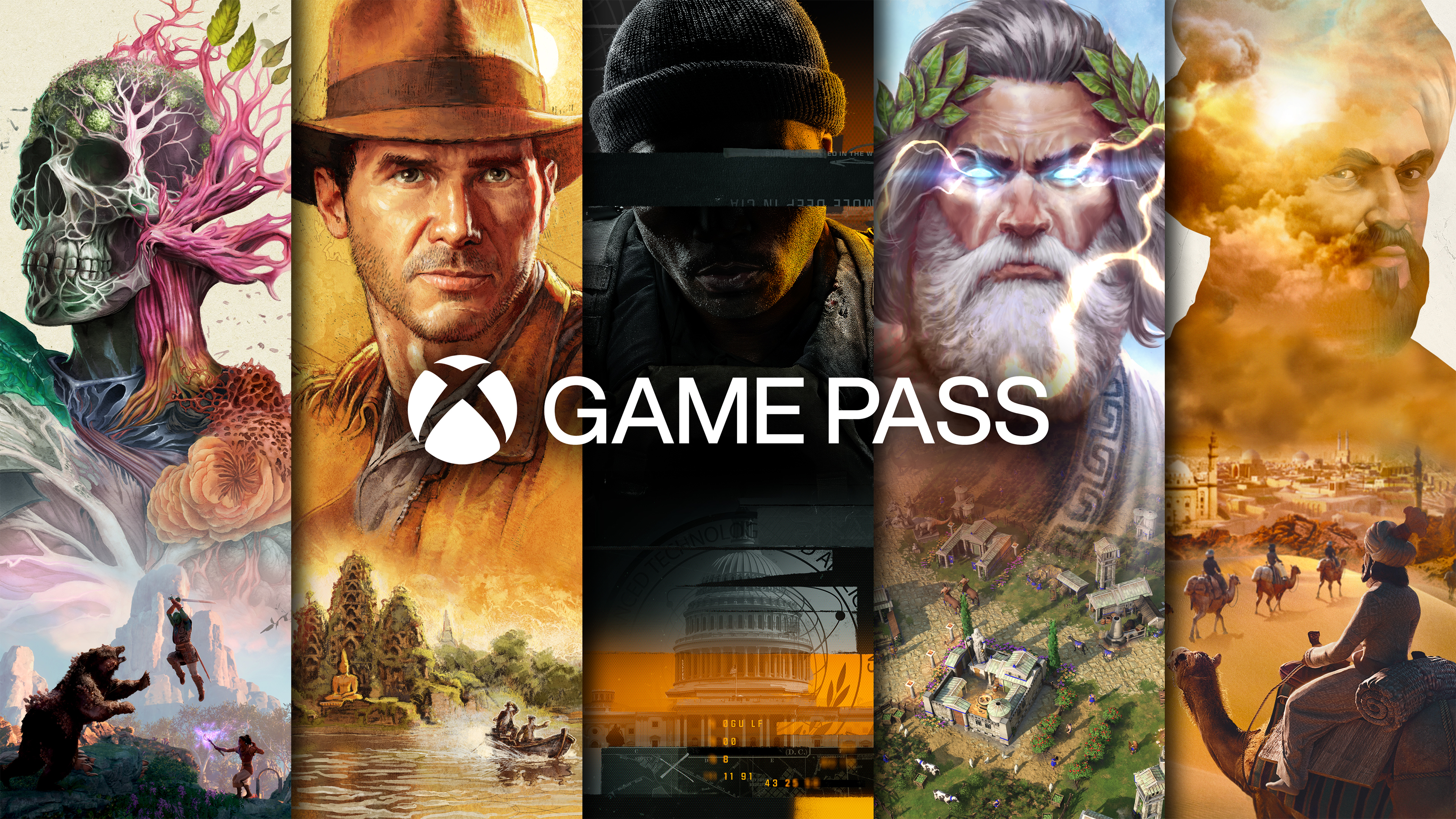 promotional art for Xbox Game Pass with five columns of artwork: from Avowed, Indiana Jones and the Great Circle, Call of Duty: Black Ops 6, Age of Mythology: Retold, and Sid Meier’s Civilization 7