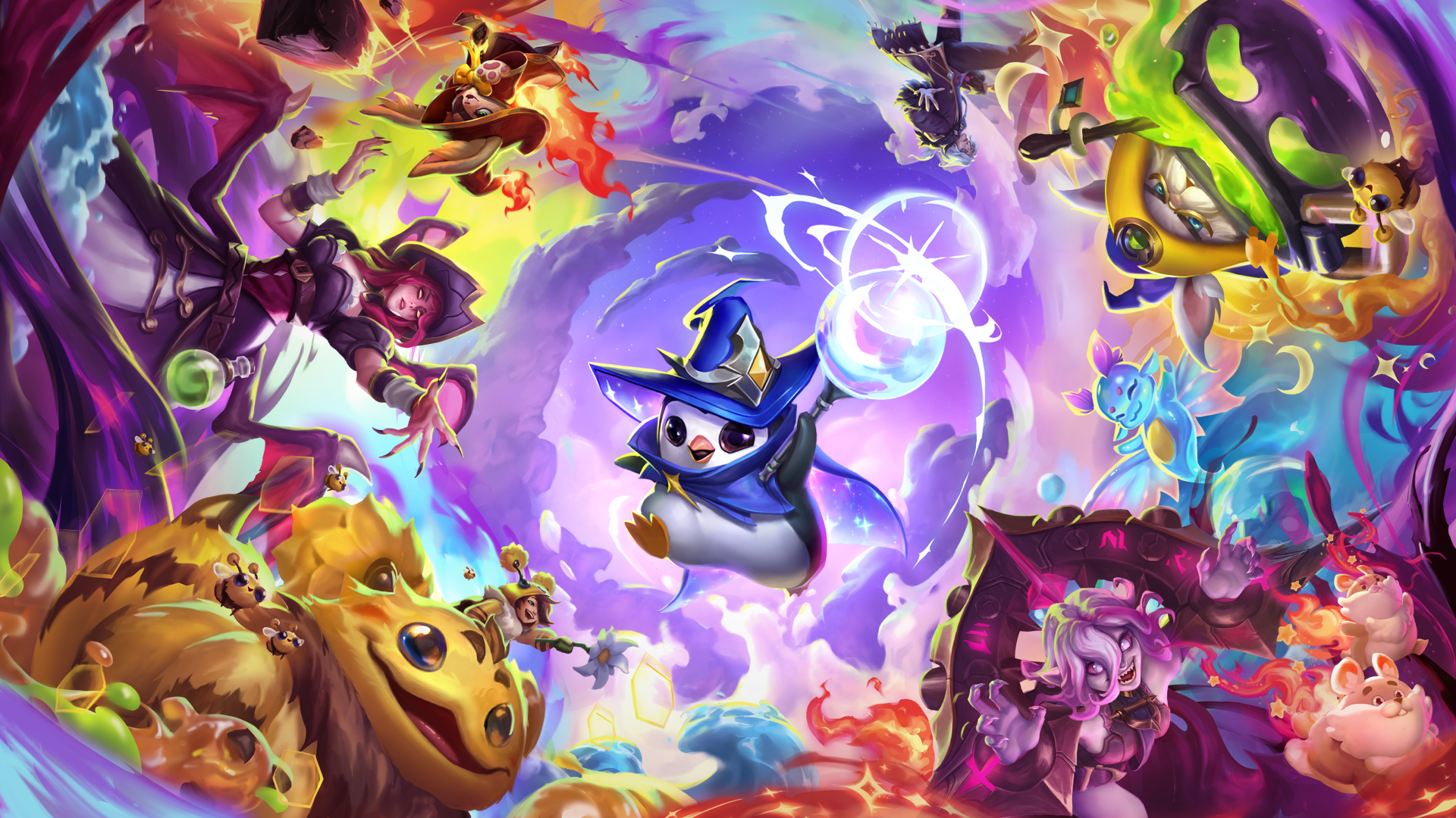 Key art for the Magic n’ Mayhem set from Teamfight Tactics, showing an array of magical champions from the League of Legends roster swirled around in a colorful collage. In the middle, the penguin knight Pengu is decked out in a wizard outfit, casting a spell of his own.