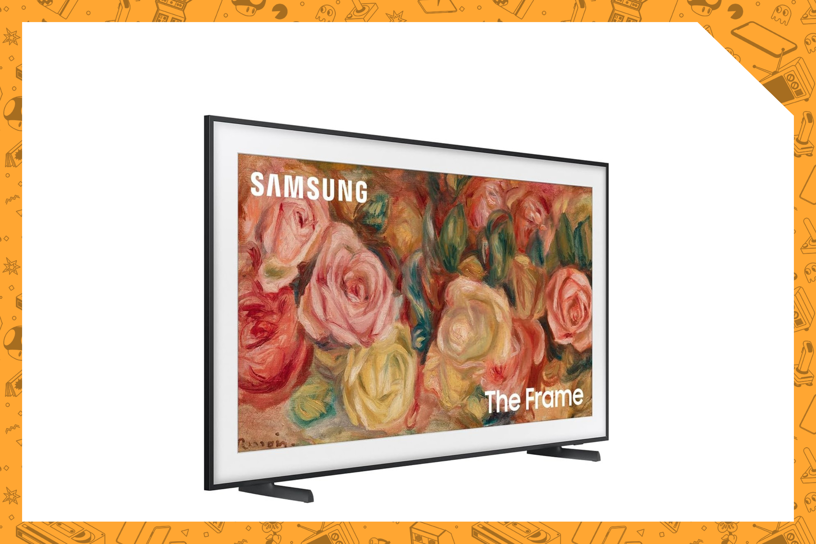 The Samsung Frame TV displays art of flowers.