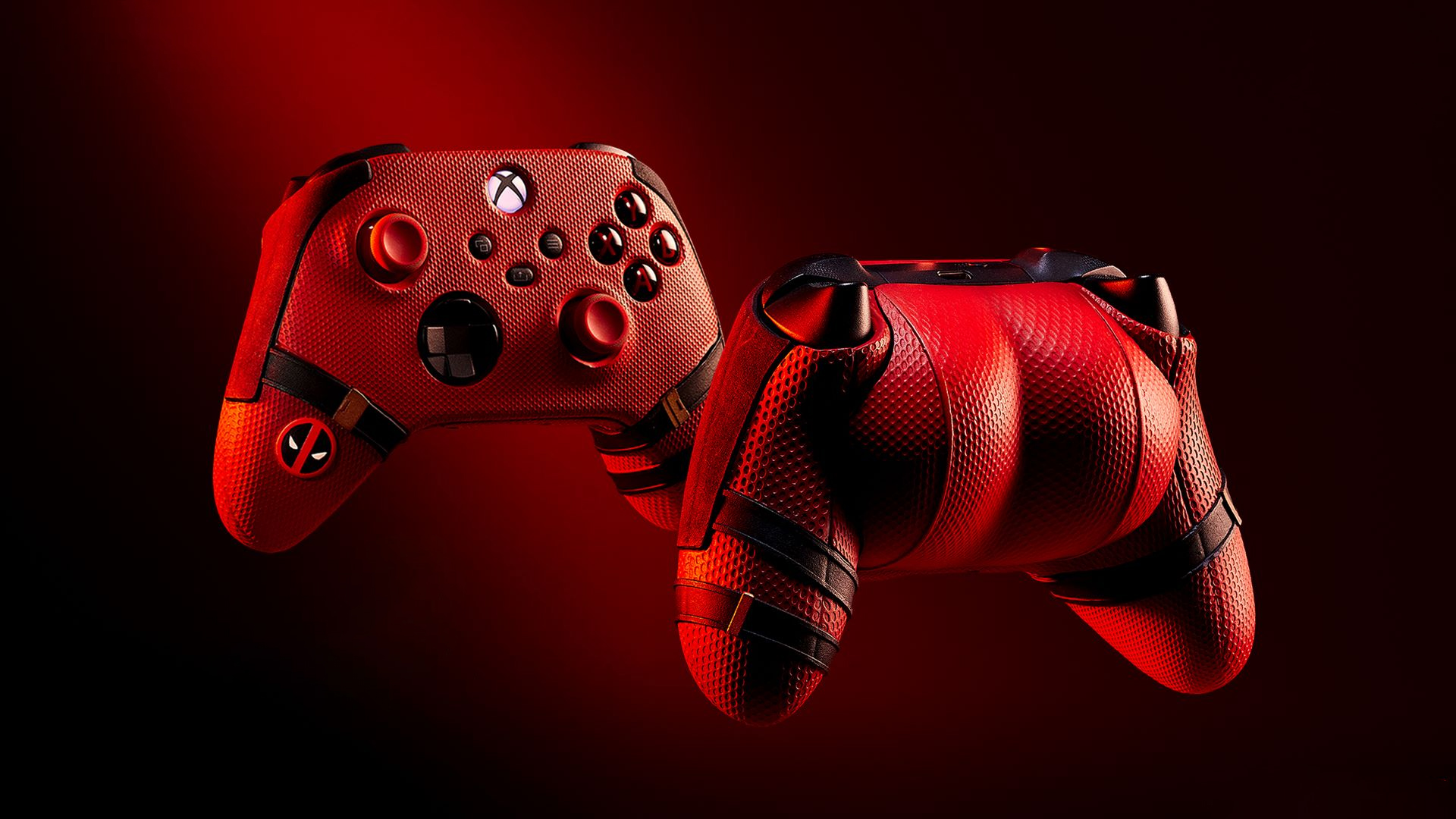 A front and back shot of the Deadpool Xbox wireless controller