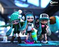 Art of three Inkling girls, with the one on the right holding an Inkbrush.