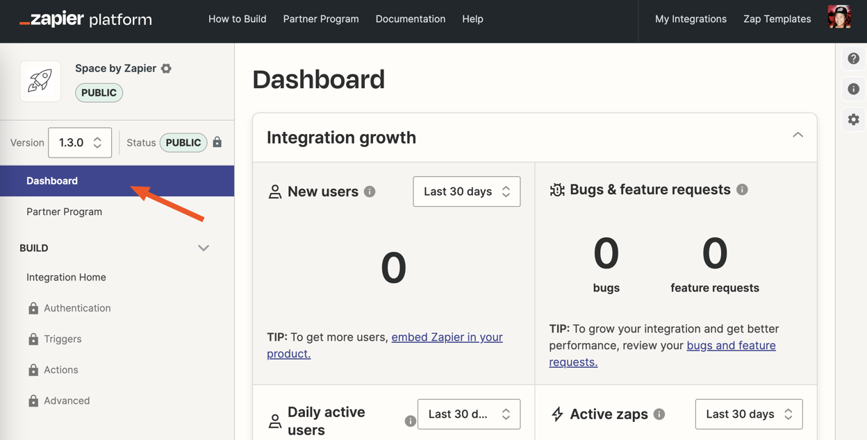 Screenshot of Dashboard tab in left sidebar of Developer Platform