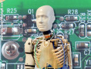 Concept of artificial intelligence: an AI dummy superimposed on a green circuit board.