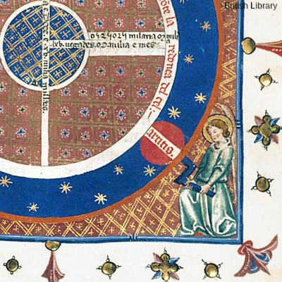 Illuminated manuscript showing angels cranking handles to move the planets.