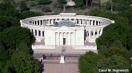 Aerial view of memorial amphitheater building at Arlington National Cemetery