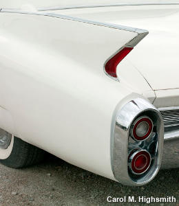Tail lights and fins on a classic 1960s white Cadillac, by Carol M. Highsmith