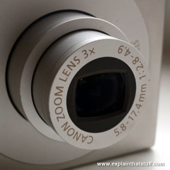 The adjustable zoom lens on a Canon Ixus digital camera