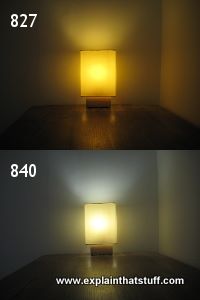 Color temperatures of two CFL bulbs compared: warm 827 and cool white 840