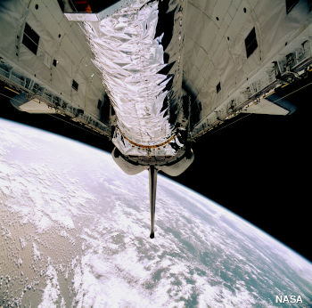 Chandra X-ray telescope inside the Space Shuttle cargo bay during mission STS-93.