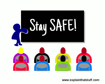 Cartoon icon of children sitting, looking forward at a blackboard with words Stay SAFE.