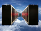 Composite photo showing NASA supercomputer floating in a cloud