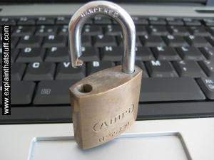 A general illustration of computer security: a padlock sitting on a computer keyboard.