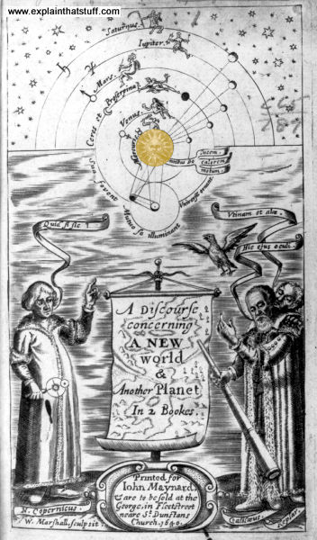 A discourse concerning a new world & another planet, in 2 bookes. Book cover showing Copernicus and Galileo and their heliocentric universe.