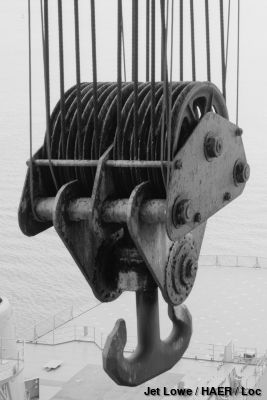 Pulley sheaves and hook on a large crane