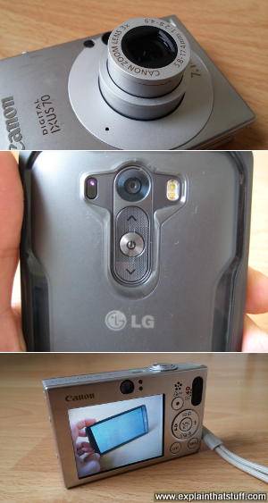 A Canon Ixus 70 digital camera compared to an LG G3 smartphone camera.