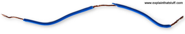 A piece of blue-colored electrical cable showing the copper wire inside.
