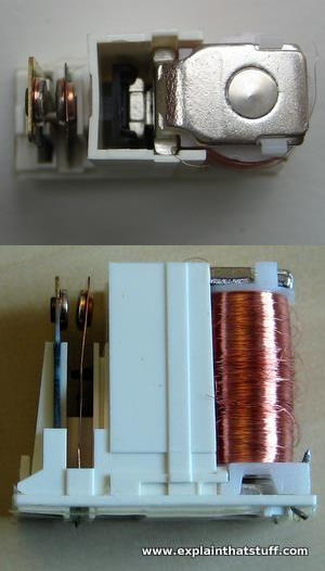 A typical relay with its plastic outer case removed, photographed both from in front and from directly above, looking down into the switch mechanism.