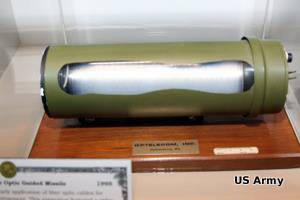 Enhanced Fiber-Optic Guided Missile (EFOG-M) in a museum display.