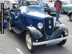 A blue Model Y Ford from 1935.