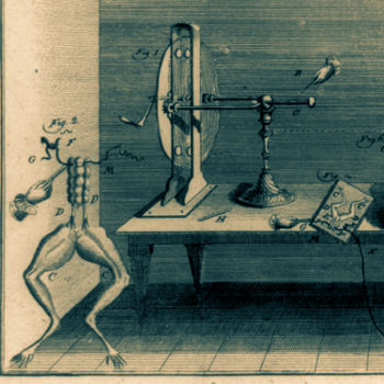 Illustration of Luigi Galvani's electrical experiments with frogs' legs.