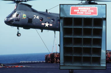 Sea Knight HH-46D showing the built-in 1400-watt loud-hailer loudspeaker on the side.