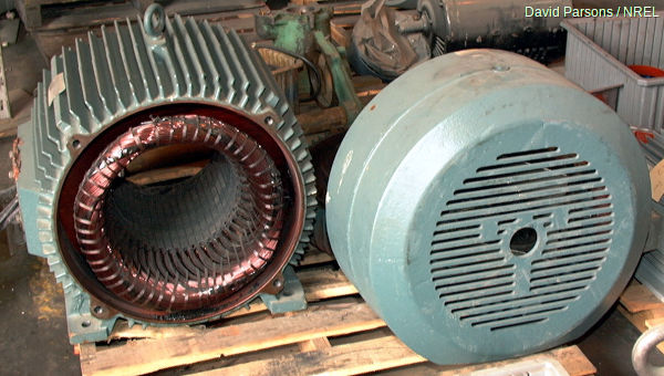 A typical AC induction motor with its case and rotor removed, showing the copper windings inside.