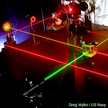 Laser align experiment showing red, green, and yellow laser beams intersecting in a glass prism.