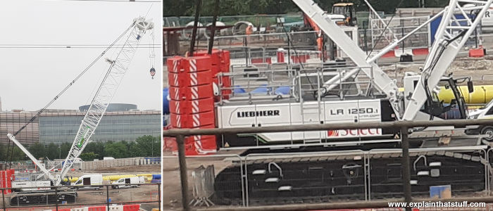 A white Liebherr LR1250 crawler crane parked on the HS2 construction site in Birmingham