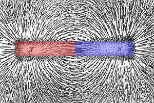 The attractive magnetic field between two bar magnets shown up with iron filings.