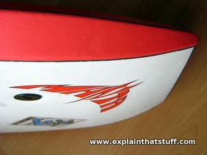 Closeup of the front of a Manta Elite bodyboard showing the curved nose.