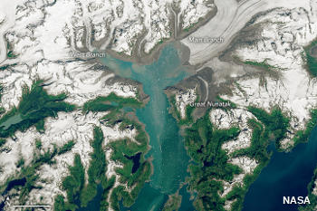 Landsat satellite photo of melting Columbia Glacier in Alaska