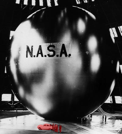 The Echo communications satellite pictured at NASA's Langley Research Center, 1960.