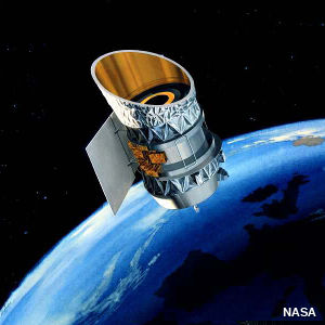 NASA Iras communications satellite in orbit against Earth in 1983 or 1984.