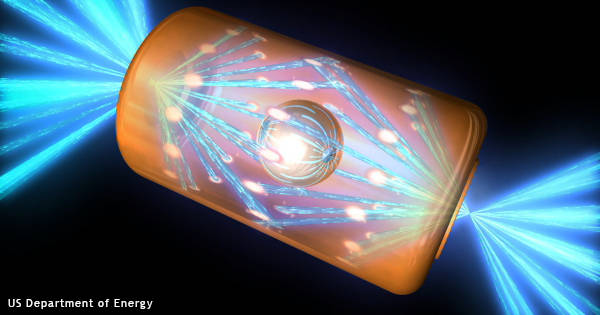 Conceptual illustration of energy released in nuclear fusion reaction.