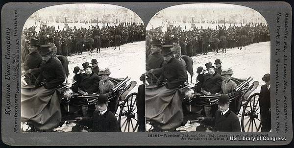 Stereograph showing President and Mrs Taft leaving for the White House in a horse carriage, March 1909.