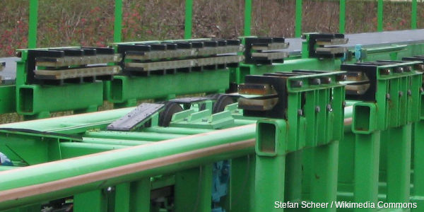 The green linear eddy current brake from a rollercoaster