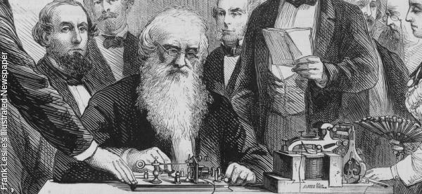 Samuel Morse demonstrates his telegraph. Illustration from Frank Leslie's illustrated newspaper, 1871