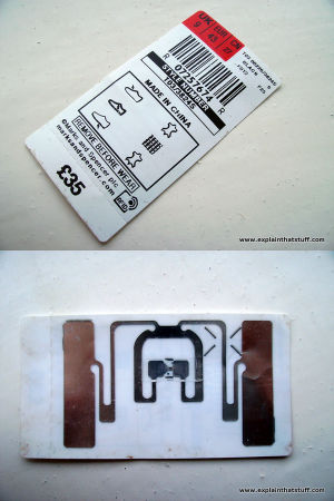 An RFID tag concealed in a price and size label from a pair of shoes