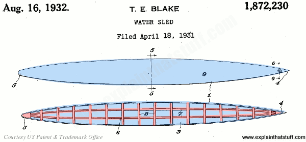 Tom Blake's 1932 patent for a water sled (hollow, internally braced surfboard).