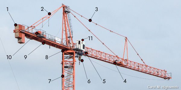 Labeled parts of a tower crane. Photo by Carol M. Highsmith