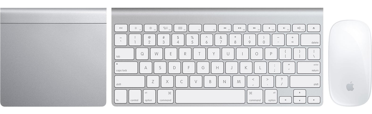 Вид сверху на трекпад Magic Trackpad, клавиатуру Apple Wireless Keyboard и мышь Magic Mouse