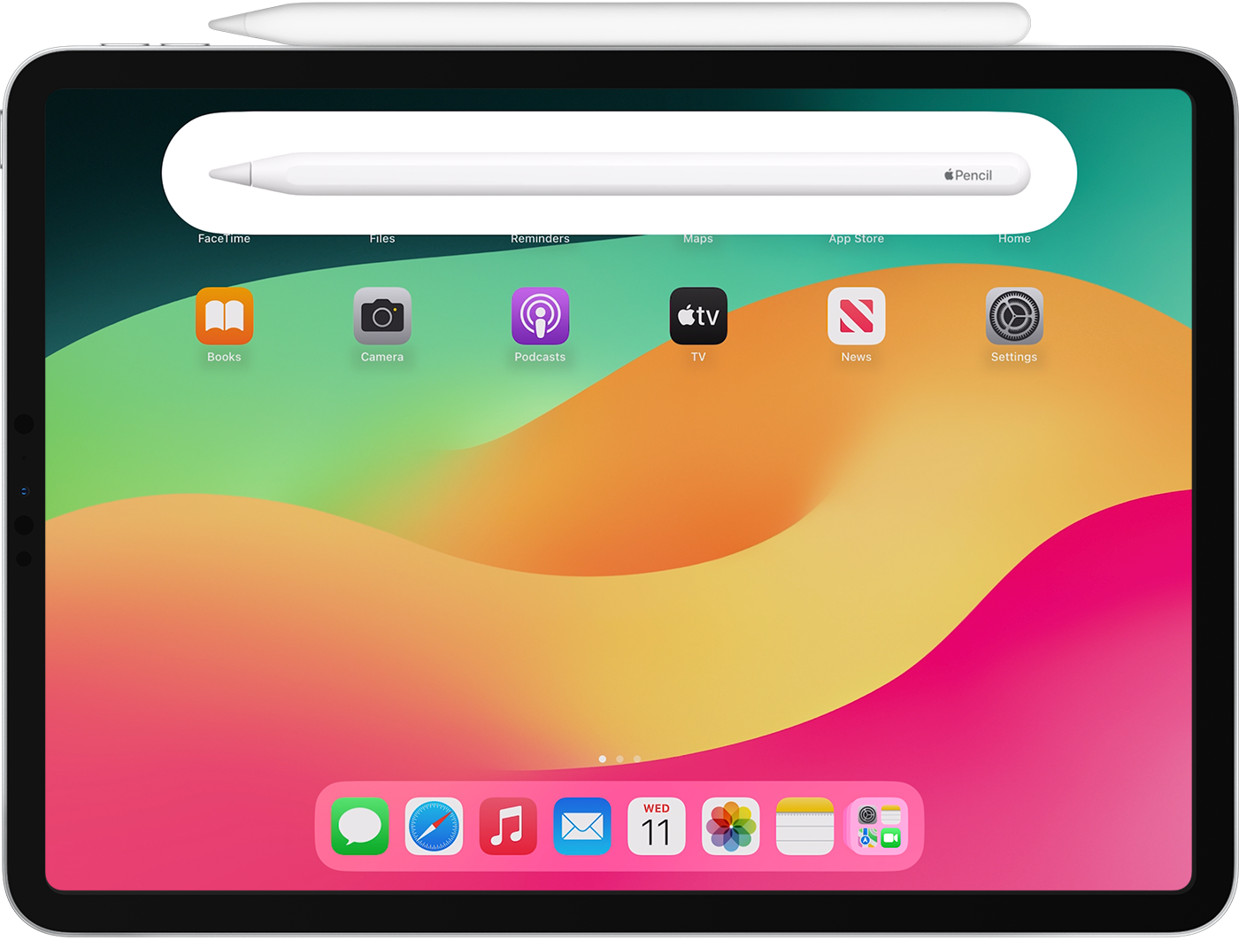 iPad cu Apple Pencil atașat magnetic, afișând ecranul principal iOS 17