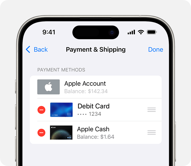 iPhone, kus on kuvatud lehe Payment & Shipping (Maksmine ja kohaletoimetamine) seaded. Makseviisi eemaldamiseks puudutage seda ja seejärel puudutage valikut Remove (Eemalda).