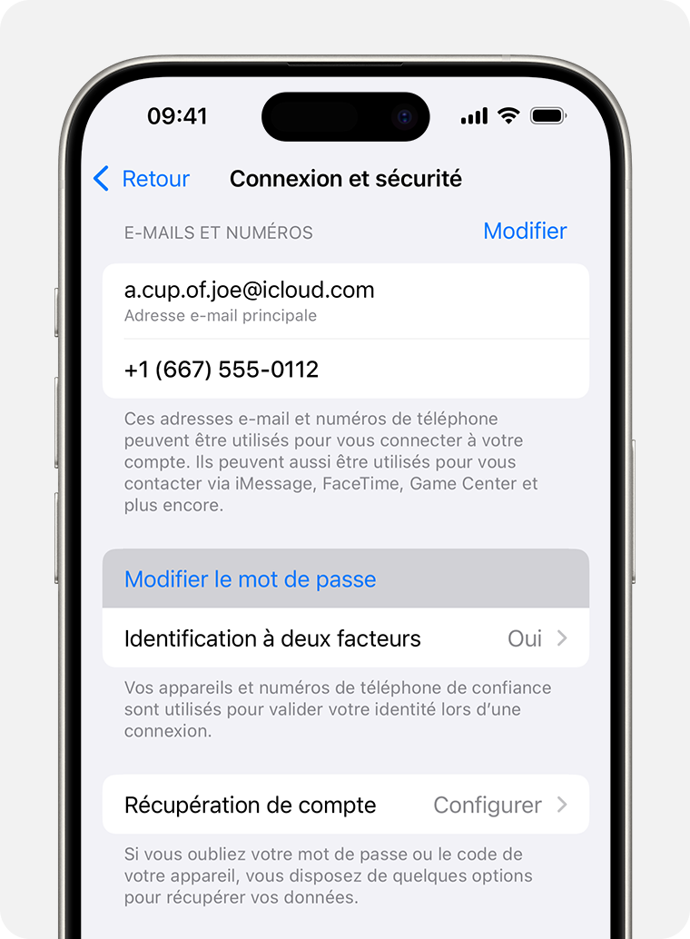 iPhone affichant les paramètres de connexion et de sécurité et l'option de modification du mot de passe