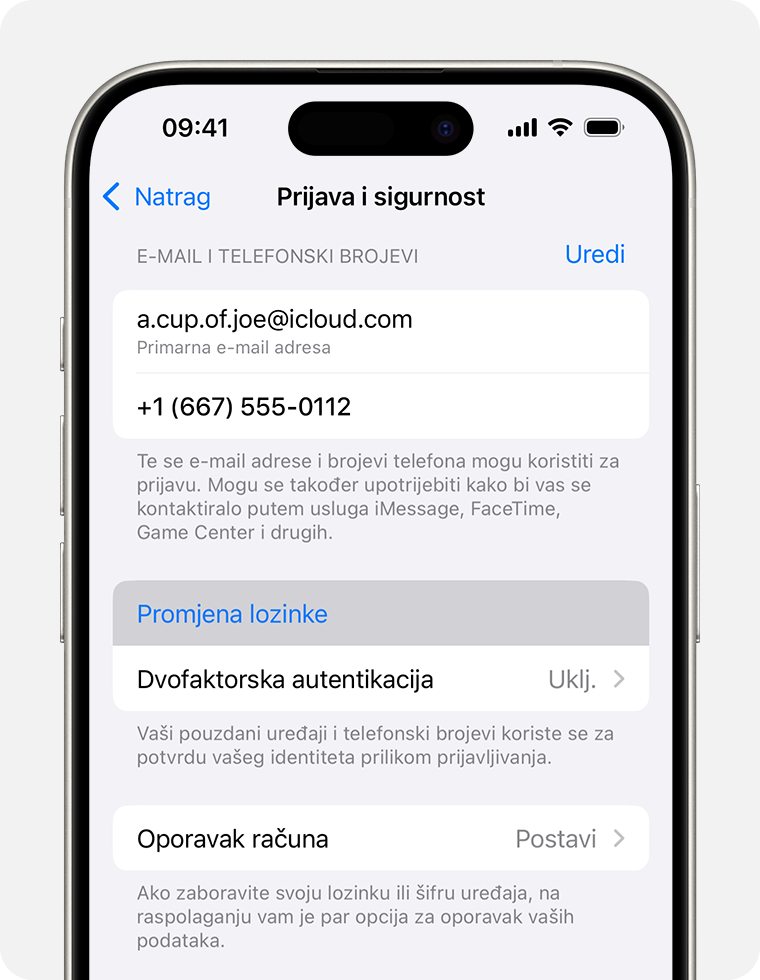 iPhone uređaj prikazuje gumb Promijeni lozinku u stavci Postavke