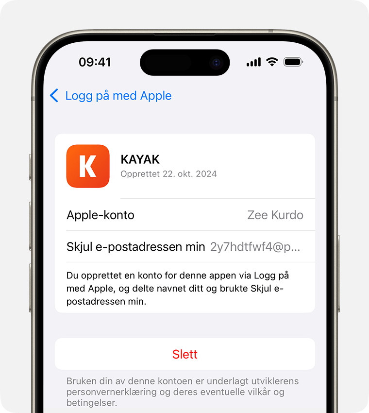 iPhone-skjerm som viser Slett-knappen for å slutte å bruke Logg på med Apple