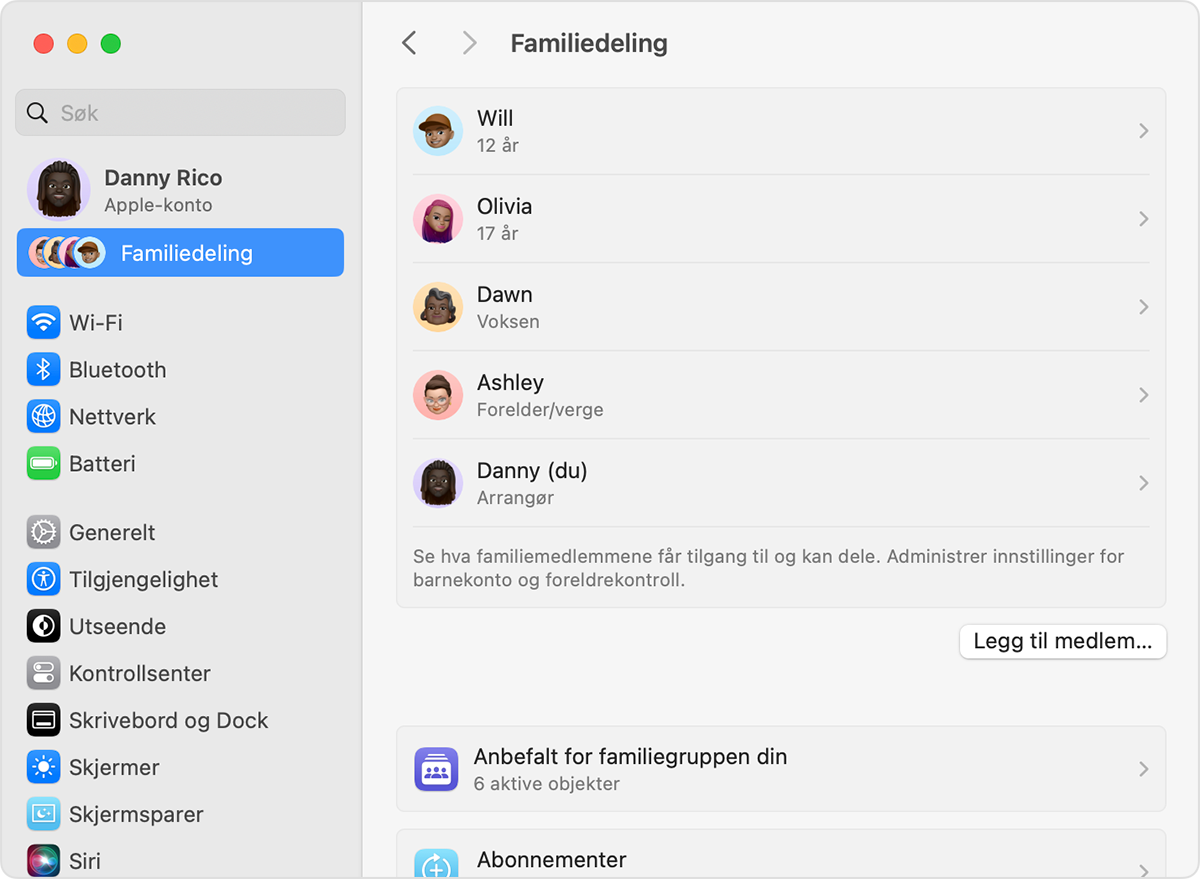 macOS-skjerm som viser trinnene for å legge til et medlem i Familiedeling-gruppen.