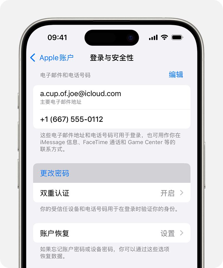 iPhone 的“设置”中显示了“更改密码”按钮