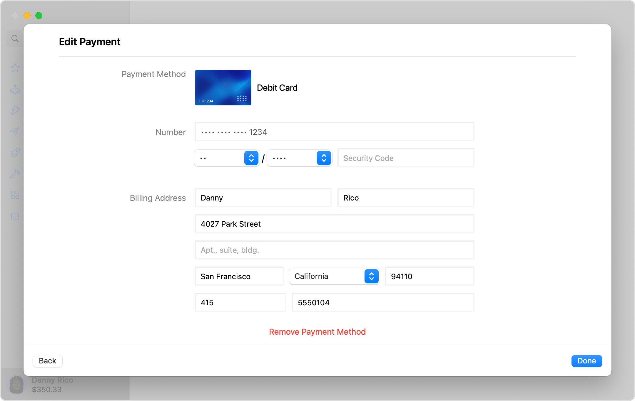 En macOS-skärm som visar inställningarna för Redigera betalningsinformation. För att ta bort en betalningsmetod klickar du på den och klickar sedan på Ta bort betalningsmetod.